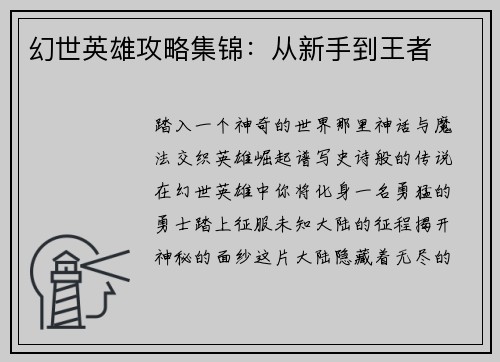 幻世英雄攻略集锦：从新手到王者